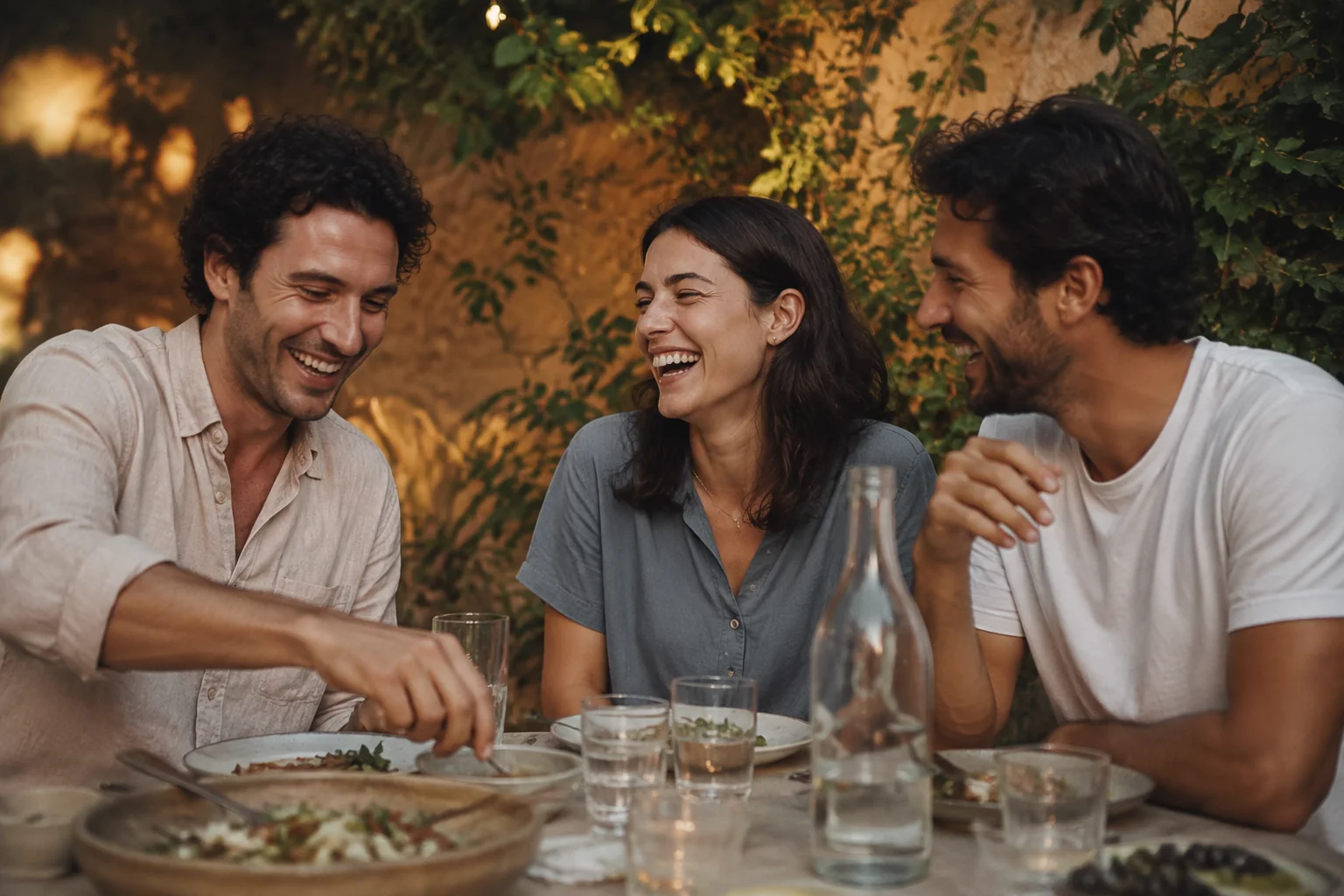 Friends laugh together over dinner outdoors.