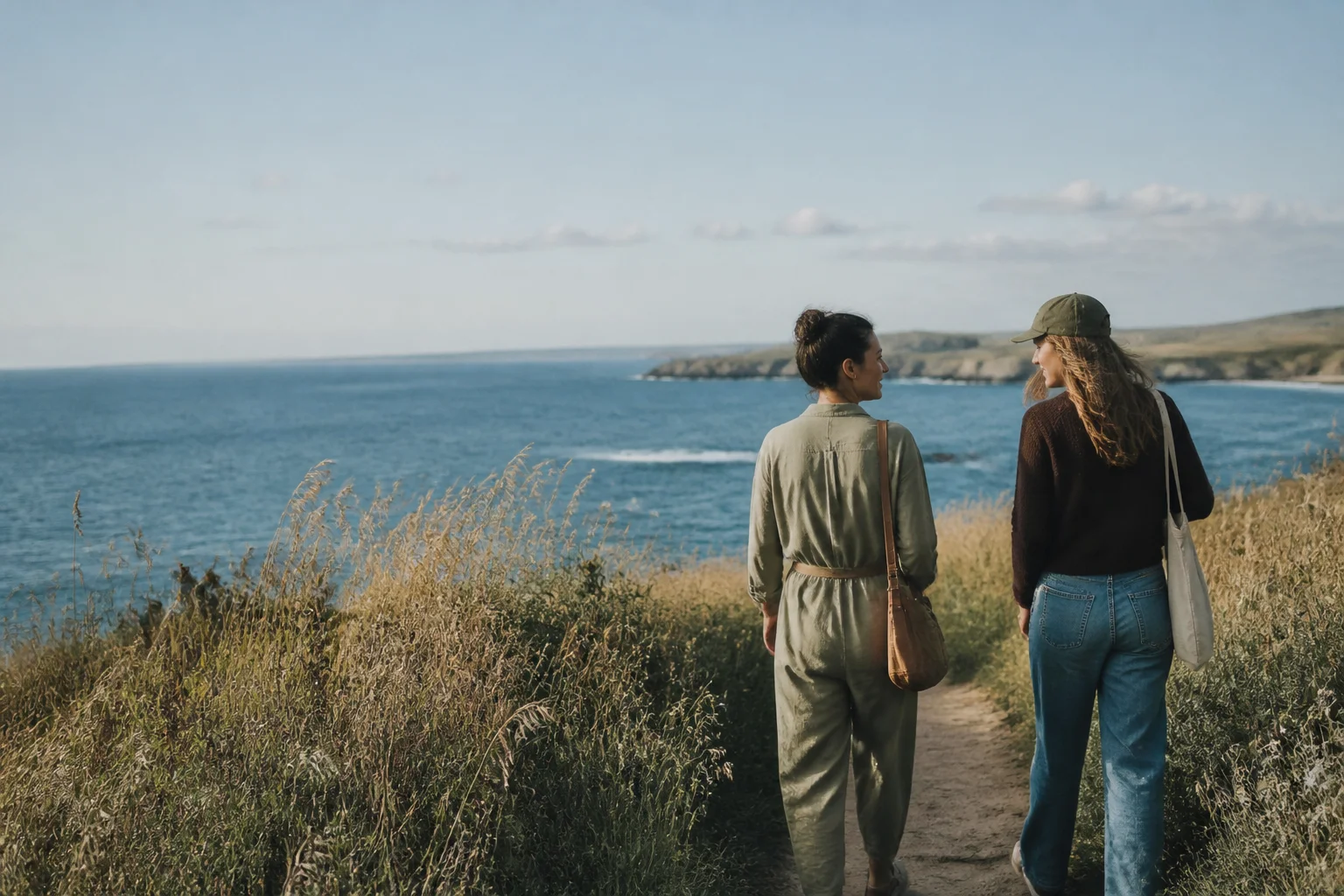 Two friends walk along a coastal trail.