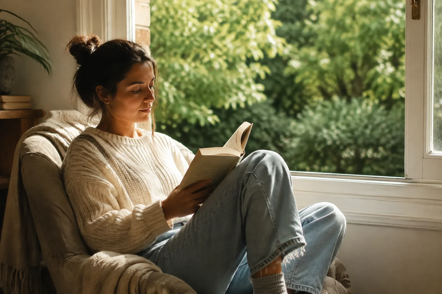 A woman reads a book beside a sunlit window.