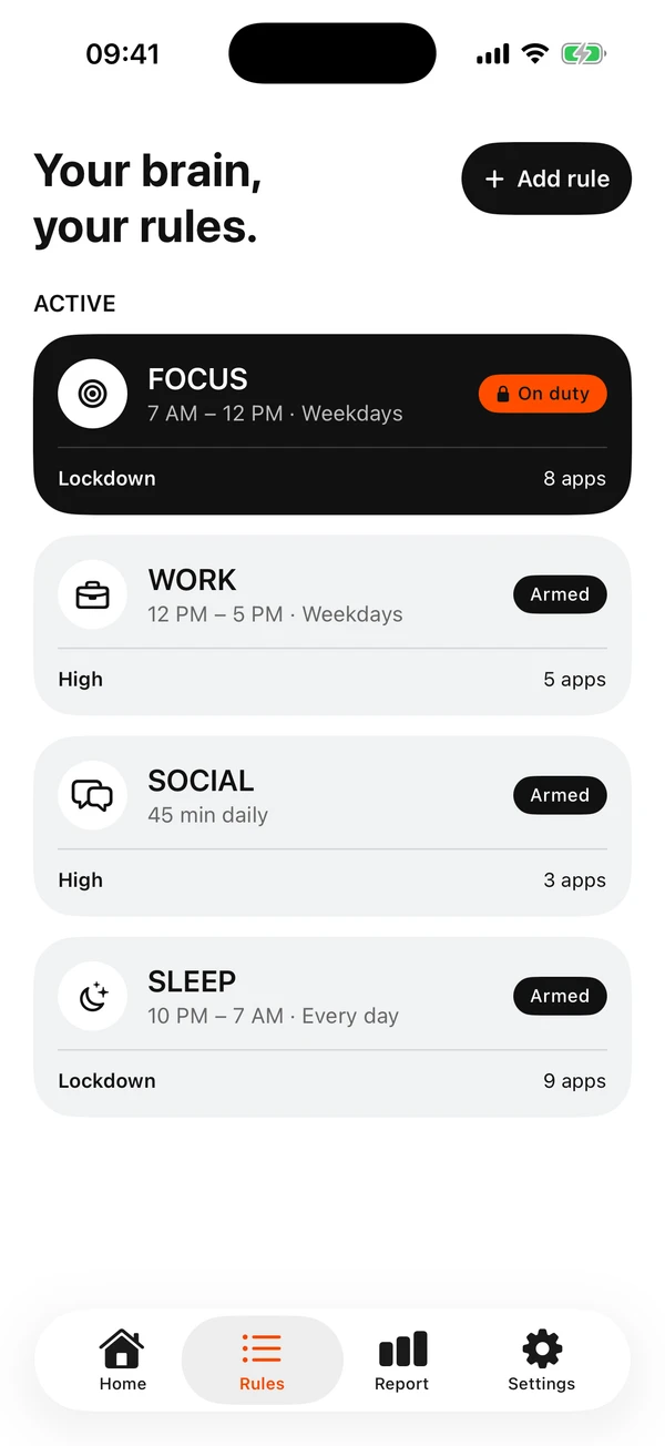 Rules in Bouncer: scheduled Focus and Sleep windows, and a Social daily limit.